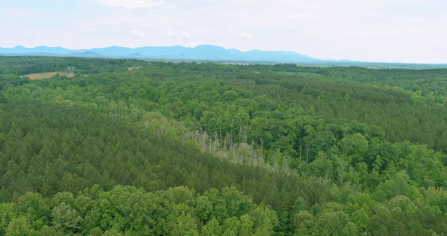 Aerial panoramic view on green forest in summer nature between by mountains in Campobello town, South Carolina