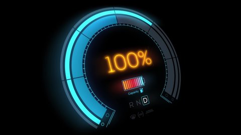 Electric Car Dashboard Charge display. Battery indicator fills up to 100% from 0. Electric car conceptual 3D rendering animation