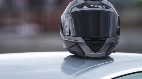 KYIV-15 MAY,2021: Video clip of protective Helmet for pilot on BMW M Drift And Car Show. Protect head with specialized sport equipment
