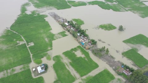 Aerial view of a residential district in Keraniganj flooded by monsoon rains in Dhaka province, Bangladesh.