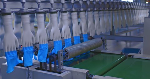 Conveyor in the shop of the plant, ready-made medical rubber gloves are removed from the molds. Finished products of production, modern equipment for the manufacture of rubber gloves. 4k, ProRes