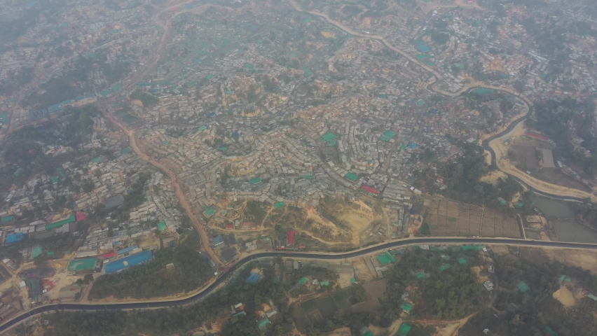 Aerial view of a huge refugee camp with makeshift houses near Myanmar border, Kutupalong Rohingya camp near Ukhia town, Bangladesh.