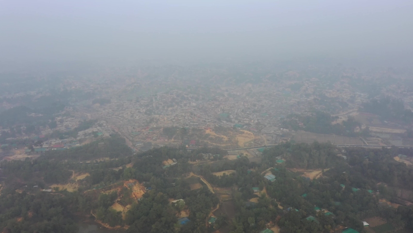 Aerial view of a huge refugee camp with makeshift houses near Myanmar border, Kutupalong Rohingya camp near Ukhia town, Bangladesh.