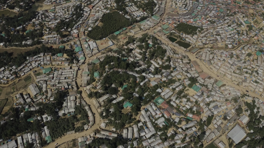 Aerial view of a huge refugee camp with makeshift houses near Myanmar border, Kutupalong Rohingya camp near Ukhia town, Bangladesh.