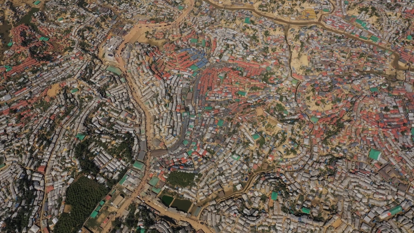 Aerial view of a huge refugee camp with makeshift houses near Myanmar border, Kutupalong Rohingya camp near Ukhia town, Bangladesh.