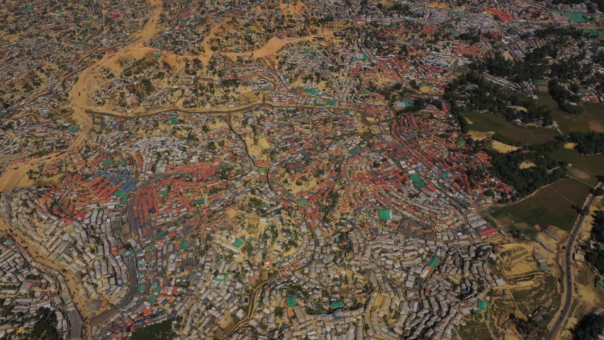 Aerial view of a huge refugee camp with makeshift houses near Myanmar border, Kutupalong Rohingya camp near Ukhia town, Bangladesh.