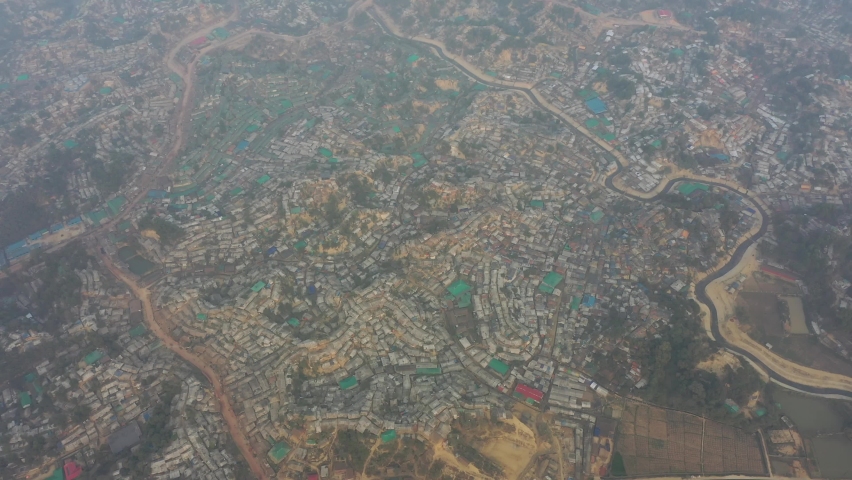 Aerial view of a huge refugee camp with makeshift houses near Myanmar border, Kutupalong Rohingya camp near Ukhia town, Bangladesh.