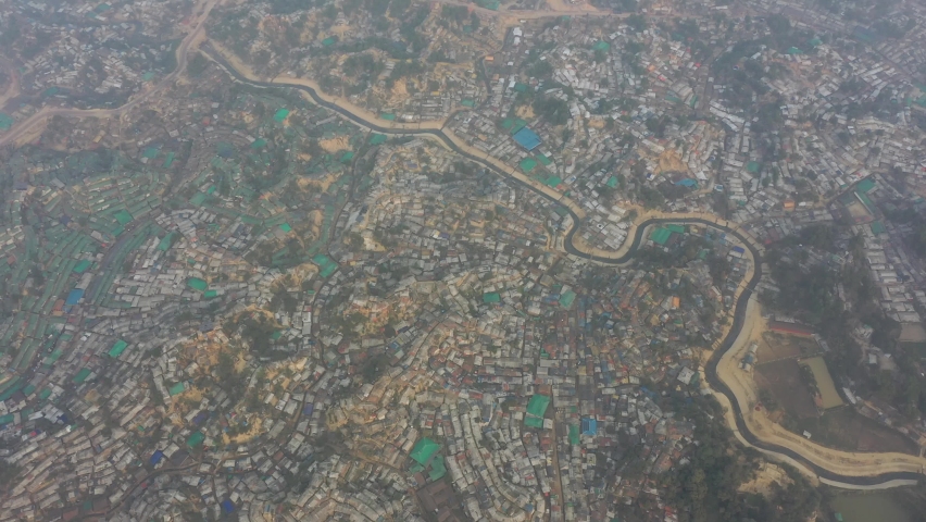 Aerial view of a huge refugee camp with makeshift houses near Myanmar border, Kutupalong Rohingya camp near Ukhia town, Bangladesh.