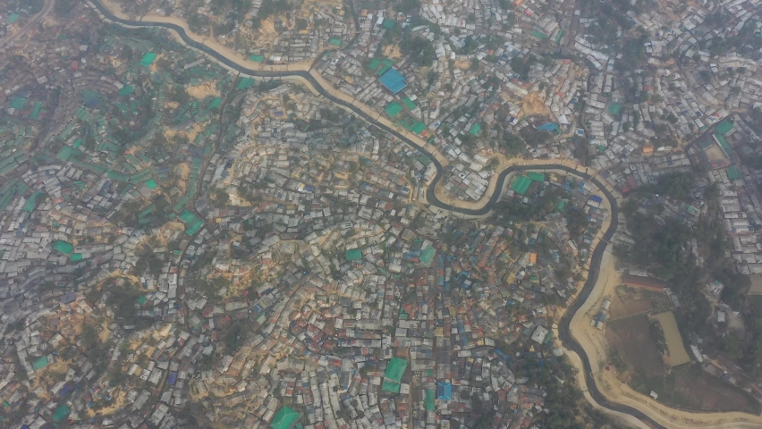Aerial view of a huge refugee camp with makeshift houses near Myanmar border, Kutupalong Rohingya camp near Ukhia town, Bangladesh.