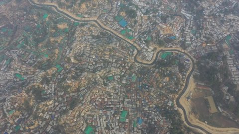 Aerial view of a huge refugee camp with makeshift houses near Myanmar border, Kutupalong Rohingya camp near Ukhia town, Bangladesh.