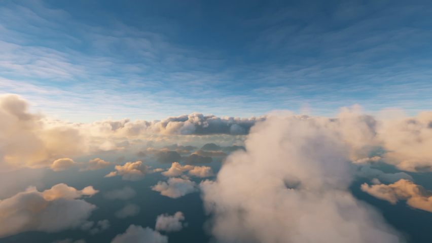 Rear view of a private airplane flying over clouds: Aerial view of a small jet plane during a flight between two layers of clouds during sunset Royalty-Free Stock Footage #1073956082