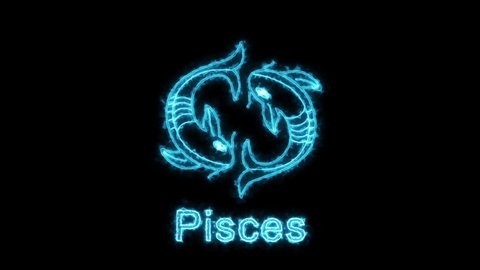 The Pisces zodiac symbol, horoscope sign lighting effect blue neon glow. Royalty high-quality free stock of Pisces sign isolated on black background. Horoscope, astrology icons with simple