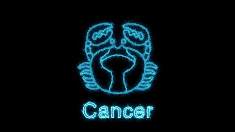 The cancer zodiac symbol, horoscope sign lighting effect blue neon glow. Royalty high-quality free stock of cancer sign isolated on black background. Horoscope, astrology icons with simple