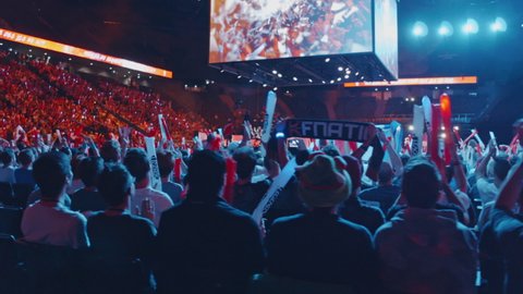 Paris, France; September 3rd, 2017. League of Legends Final. Tracking shot, side view. Esports match presentation. Stadium full of people excited about the Riot Games opening ceremony.