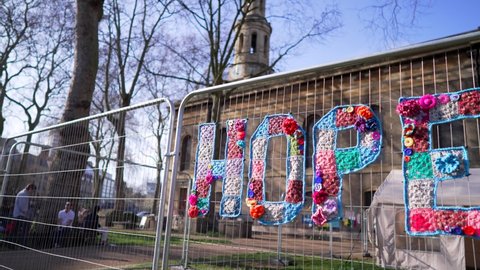 London , United Kingdom (UK) - 04 06 2021: Message of hope, street art outside a church in London during the Covid-19 Coronavirus pandemic