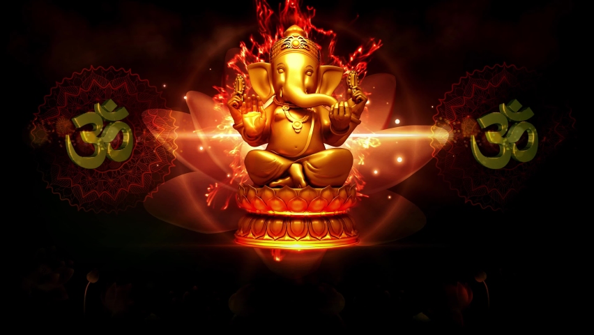 3D illustration Ganesh on a golden background with Om symbol. Deity of the elephant headed Indian god of wisdom and prosperity. Royalty-Free Stock Footage #1073975549