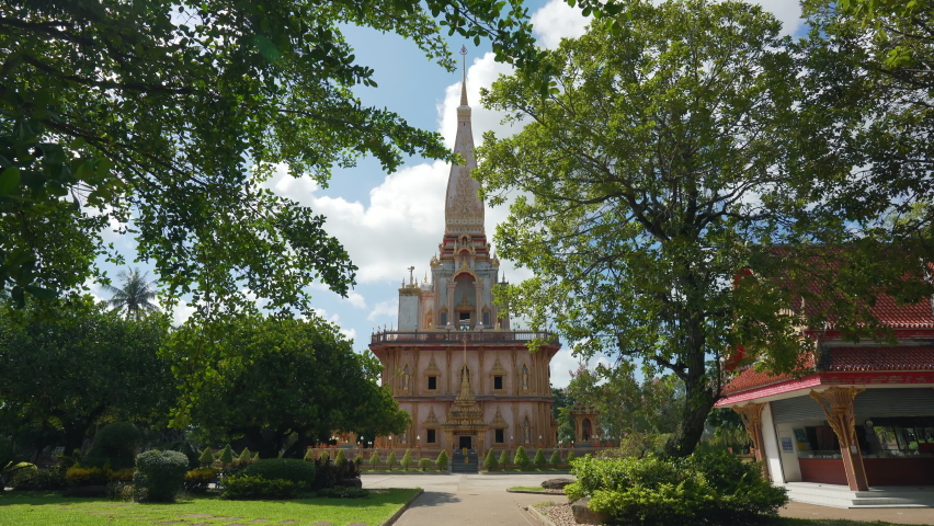Wat Chalong temple Phuket,Thailand. Beautiful buddhist local town popular famous landmark holiday vacation. Most important Thai tourists pay respects monks buddha golden statues. 4k copy space 2022.