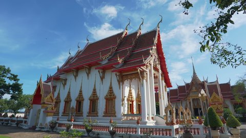 Wat Chalong temple Phuket,Thailand. Beautiful buddhist local town popular famous landmark holiday vacation. Most important Thai tourists pay respects monks buddha golden statues. 4k copy space 2022.