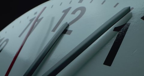Wall Clock, Ticking Clock, Red Seconds Hand slowly Approaches 12. Static, Close Up, Slow Motion, Part 1