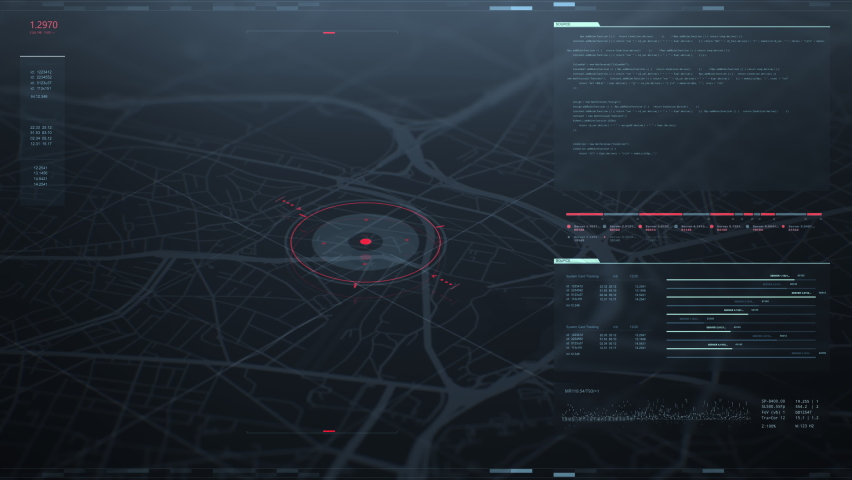 Futuristic security spy program interface. Dynamic modern HUD. GPS location tracking or scanning software. Red marker, indicator moving on map. Satellite view. Hi-tech. 3D Render 4K animation concept