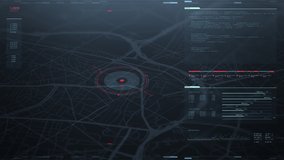 Futuristic security spy program interface. Dynamic modern HUD. GPS location tracking or scanning software. Red marker, indicator moving on map. Satellite view. Hi-tech. 3D Render 4K animation concept - Powered by Shutterstock - Get 15% off with code: PIKWIZARD15