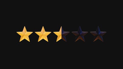 Five golden stars review sequence. Rate from 1 to 5 with half star increments. Perfect for any product rating. Isolated 3d animation with alpha channel in prores 4444