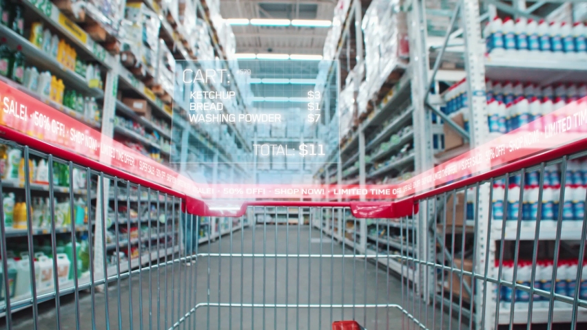 Futuristic shopping trolley in grocery store. Supermarket cart with holographic interface showing goods prices. Augmented reality. Animation. Royalty-Free Stock Footage #1073986841