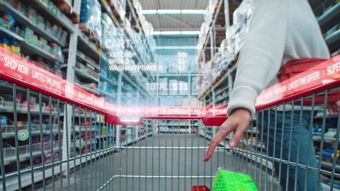 Futuristic shopping trolley in grocery store. Supermarket cart with holographic interface showing goods prices. Augmented reality. Animation.