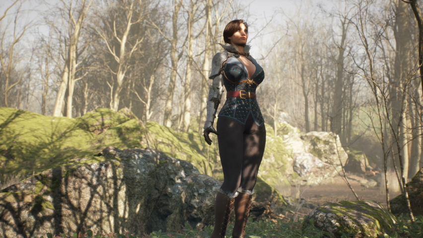 A little dragon flies up to the hand of a warrior girl in the morning mist of a forest. Fantasy medieval concept. The animation is for historical, medieval or fantasy backgrounds. 3D Rendering