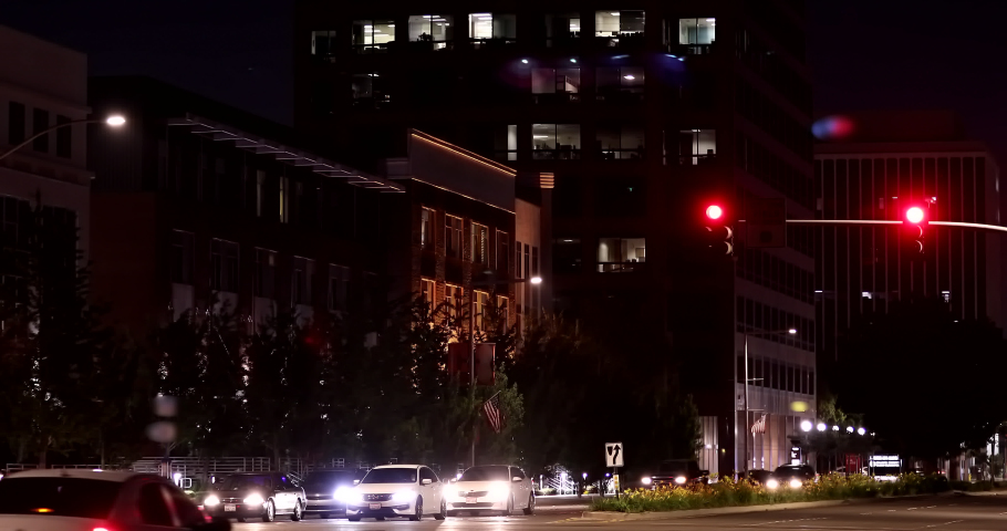 Nighttime view of the downtown skyline of Anaheim, California, USA.