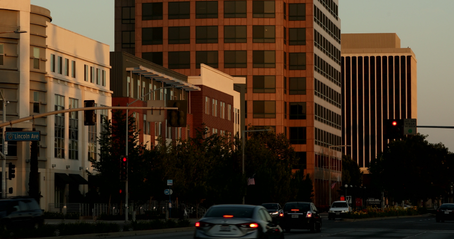 Sunset view of the downtown skyline of Anaheim, California, USA.