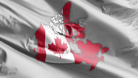 Canadian Map on flag. Map of Canada. Canada on Flag. Animated 4k Canadian Map. North American Flag. Slo-mo Canadian Map and Flag Waving. Toronto. Montreal. Vancouver. Maple Leaf.