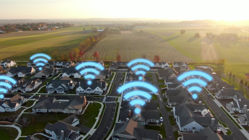 American homes. Rural broadband access. Wifi internet speed. Homes in USA beside rural fields during sunset. | Shutterstock HD Video #1073996606