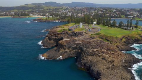 Panorama Of Kiama Lighthouse At Daytime With Blue Sea In Kiama, New South Wales, Australia. - aerial