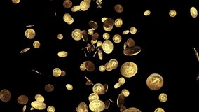 3D golden coins with BTC (Bitcoin) sign raining down Green Screen Loop Animation Background. Blockchain financial technology, mining concept, fintech, DEFI. Cryptocurrency Gold Bitcoin, BTC, Bit Coin.