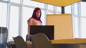 Remote online video conference and e-learning during Covid-19 lockdown. Modern business or teacher muslim woman points to blackboard and remotely explains math for students