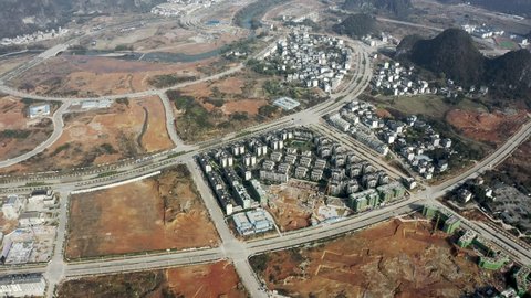 Aerial shot of China Yangshuo city construction, urban development