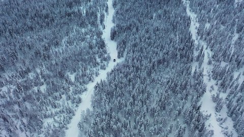 Aerial view of a SUV driving in polar woodlands, dark, winter day, in Lapland