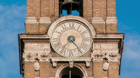Clock tower on Neo classic museums buildings timelapse. Capitoline hill landmark square designed by Michelangelo.