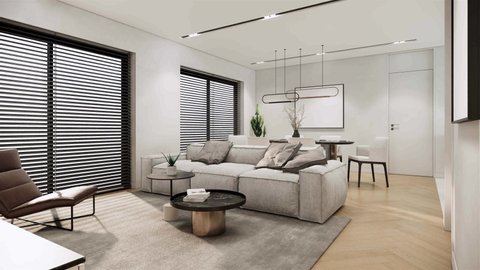 Modern mockup studio apartment  interior design and decoration with natural tone wall and furniture, 3d rendering living and dining room interior with light grey fabric sofa, dining table and chairs. 