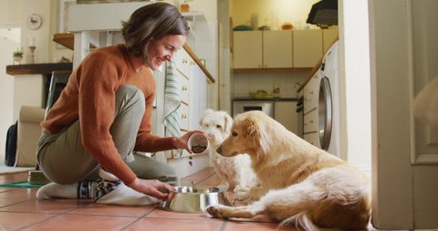Smiling caucasian woman feeding her pet dogs pouring food into bowl in kitchen at home. lifestyle, pet, companionship and animal friendship concept.