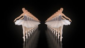 Ballet classical dancing girls with strobing lightning effect 4K VJ Footage. Symmetric mirror effect ballet dancing girls isolated on black background