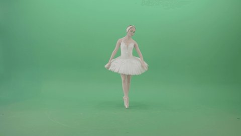 Luxury Vienna Opera Ballet Girl. Young and tender women solo performing classic ballet dance. Beautiful young girl wearing white wedding dress isolated on green background.