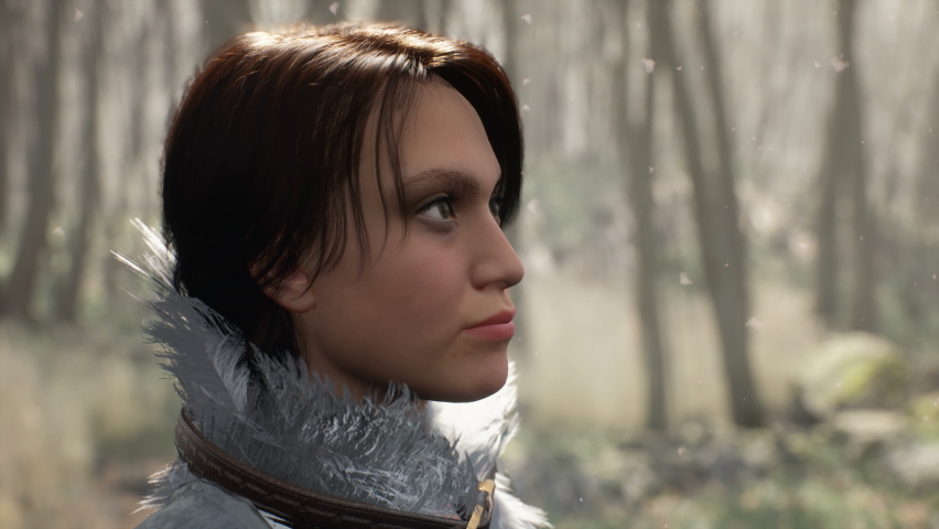 A small dragon flies up to the hand of a warrior girl in the morning mist of a magical forest. Fantasy medieval concept. The animation is for historical, medieval or fantasy backgrounds. 3D Rendering.