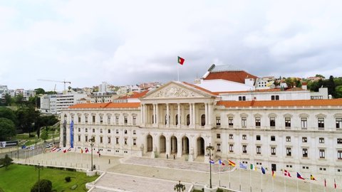 Lisbon , Portugal - 06 02 2021: Aerial view of the Saint Benedict's Palace, in Sao Bento, Lisbon - pull back, drone shot - Assembly of the Portuguese Republic, the parliament of Portugal	