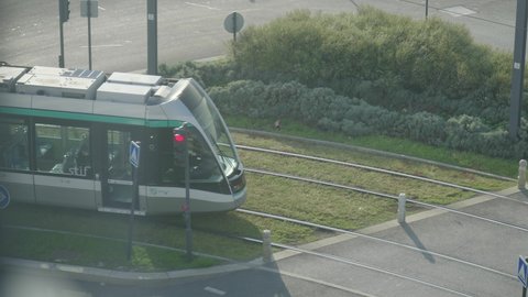 Orly , Ile de France , France - 02 14 2021: Tracking view of Paris shuttle metro line with people driving to Orly airport