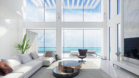Luxury Modern Living Room Interior With Panoramic Sea View Adlı Stok Video