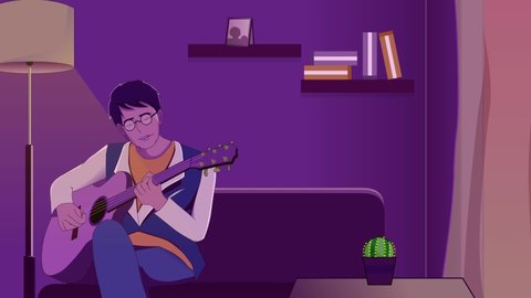 Lofi Loop Animation Twilight sky with purple tones. A man plays his acoustic guitar peacefully