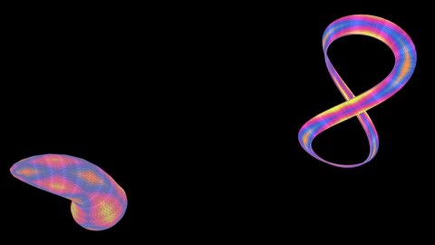 A Mobius leaf and a comma in a full-color texture dance on a black background. Abstract animation. 3d rendering.