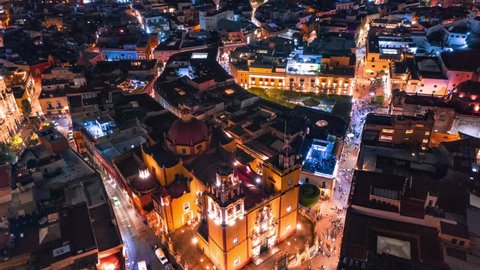Aerial hyperlapse of the historic center of the city of Guanajuato, magic town.